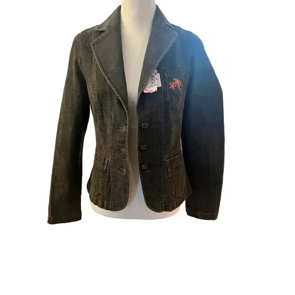 CAROLS DENIM BLACK JACKET NWT floral embroidry womens size small